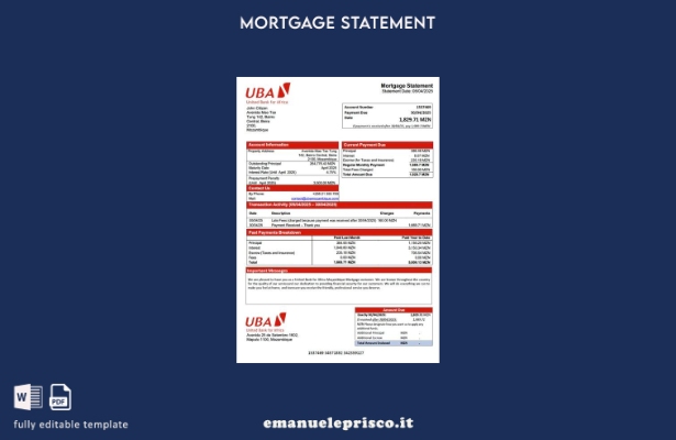 stile verificato Mozambico United Bank for Africa Moçambique modello di estratto